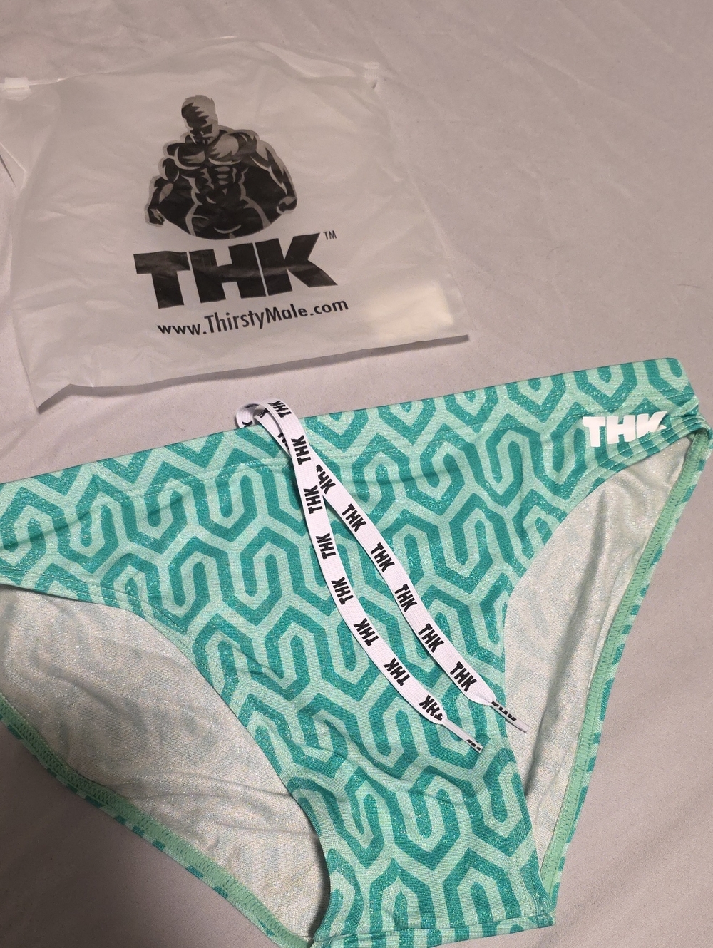 THK Men's Aqua Geometric Swim Trunks with Branded Drawstring